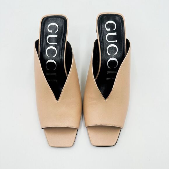 Gucci GG Neutral Leather Mules Heels Square Toe Sandals Size 38, 8 - Picture 4 of 15
